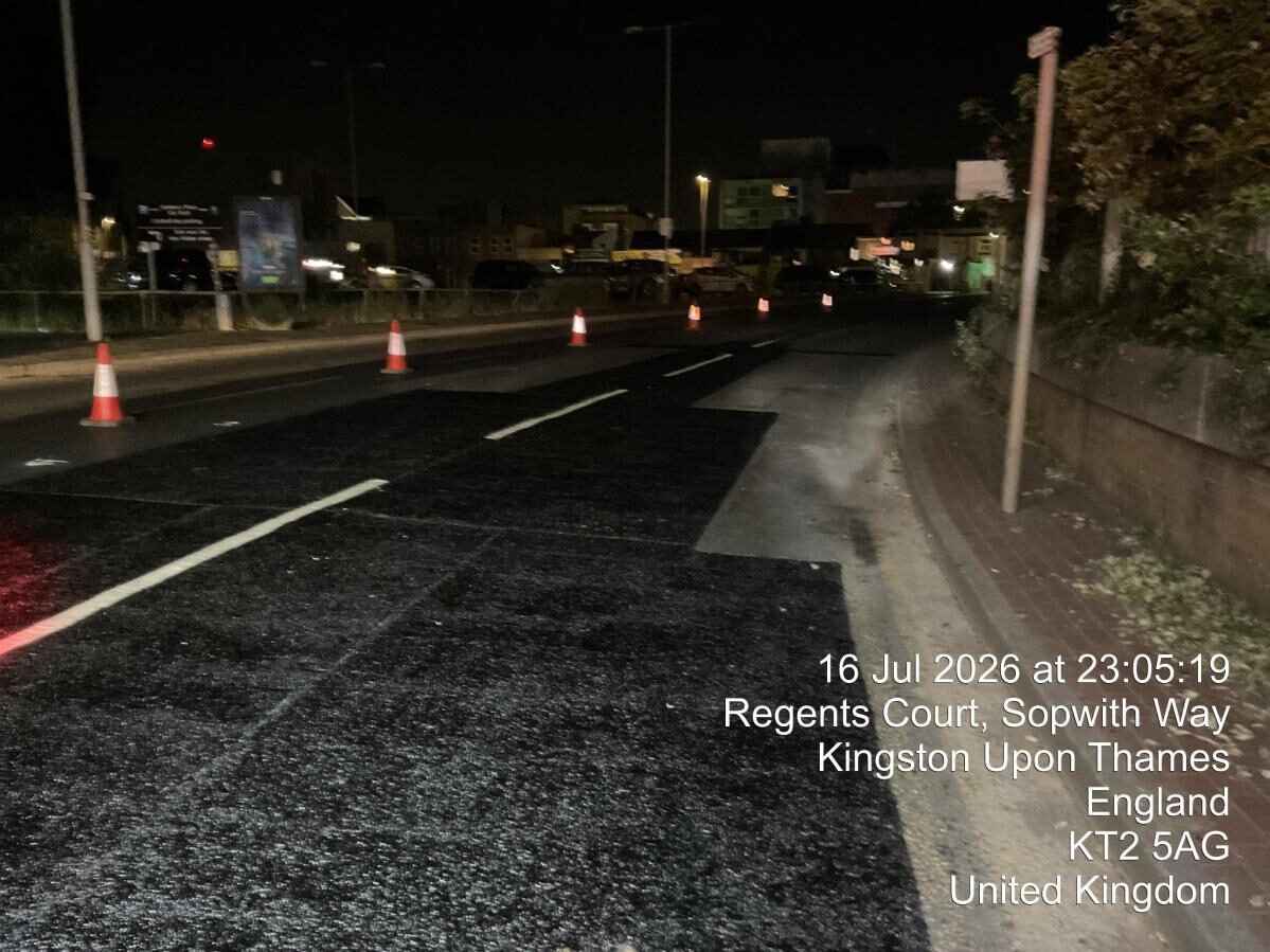 Completed Elastomac wheel-track and carriageway repair on Sopwith Way, Kingston upon Thames
