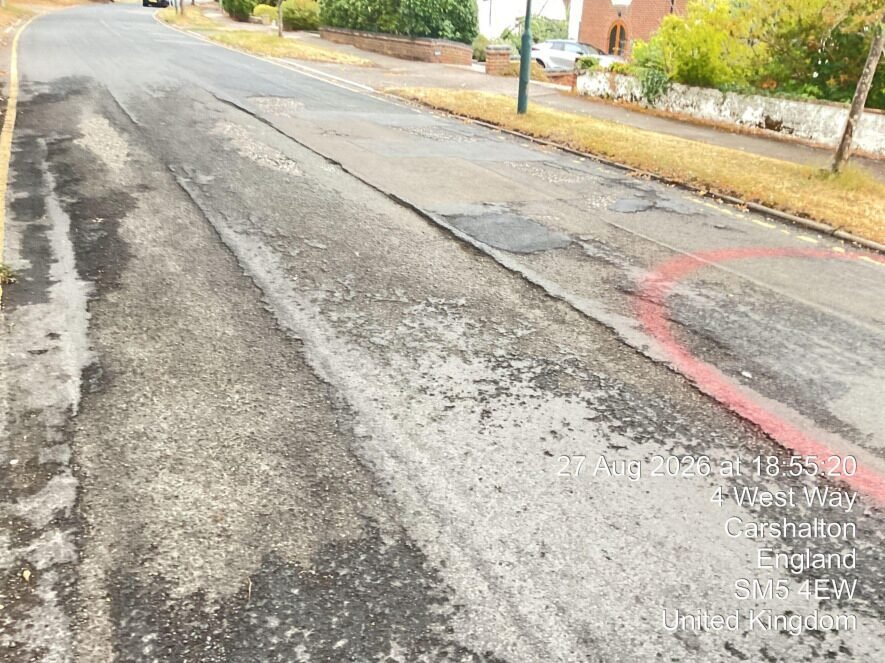 Existing carriageway deterioration before Elastomac repair at West Way Sutton